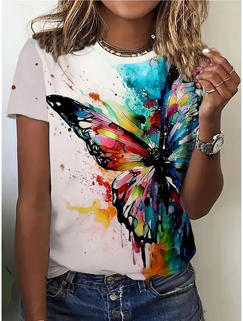 Plus Size Fashion Women's TShirt Beautiful Butterfly Stylish 3D Printed Flowers Casual Short Sleeved Crew Neck Tees Regular Tops