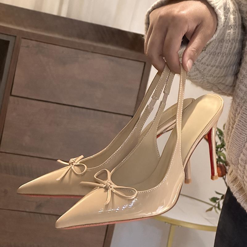 Bow Patent Leather Bag Head Sandals Women's 2025 New Thin Heel Pointed Light Mouth Nude Rear Empty High Heels Are Beautiful