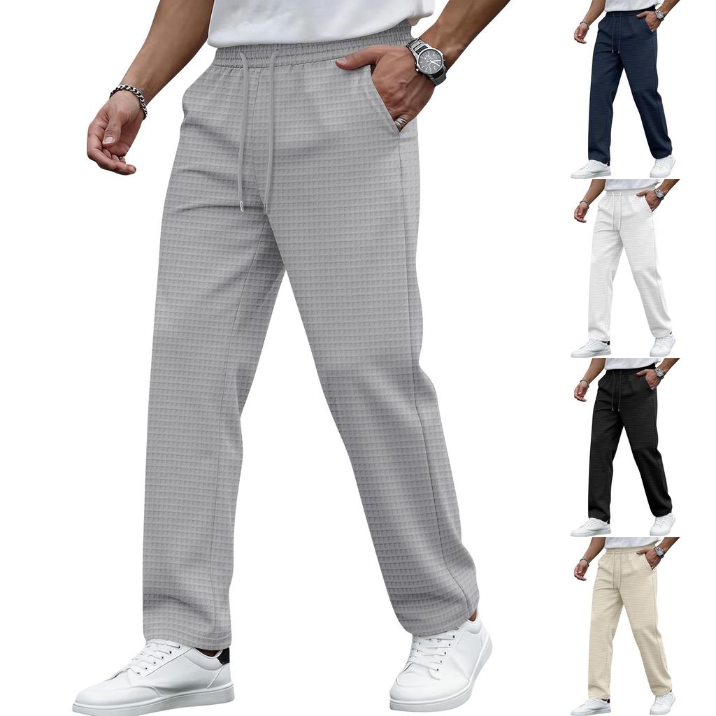 Men's Casual Plaid Drawstring Pants with Elastic Waistband Relaxed Fit Lightweight Trousers for Daily Wear
