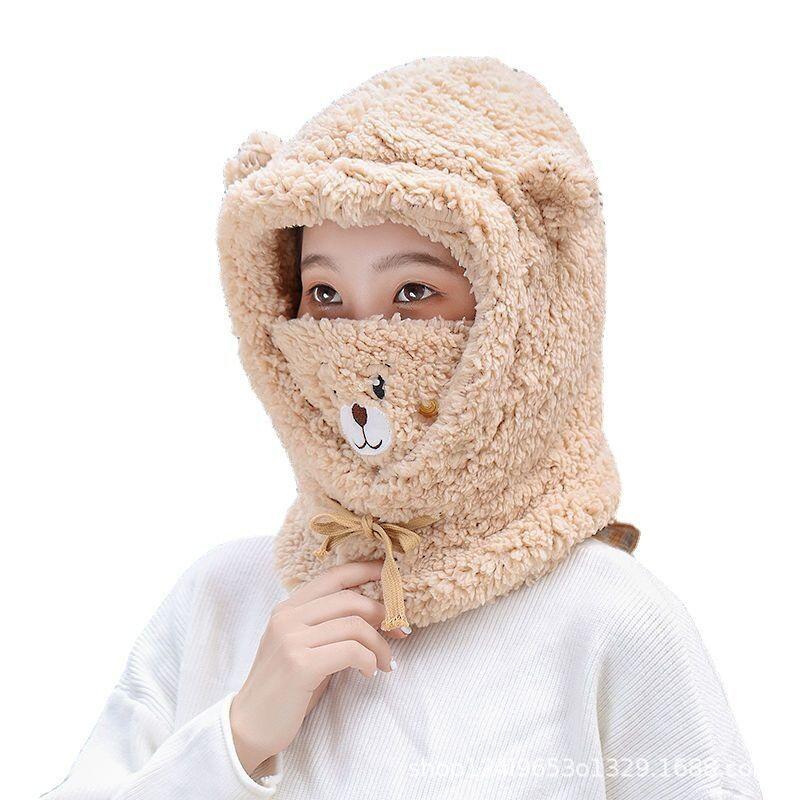 New Autumn and Winter Bear Hat Scarf Hat Cycling Windproof Warm Ear Protection Lamb Wool Mask Scarf Integrated