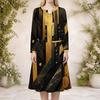 Women Plus Size Two Piece Dress Set Round Neck Long Sleeve Printed Dark Green Black With Pockets