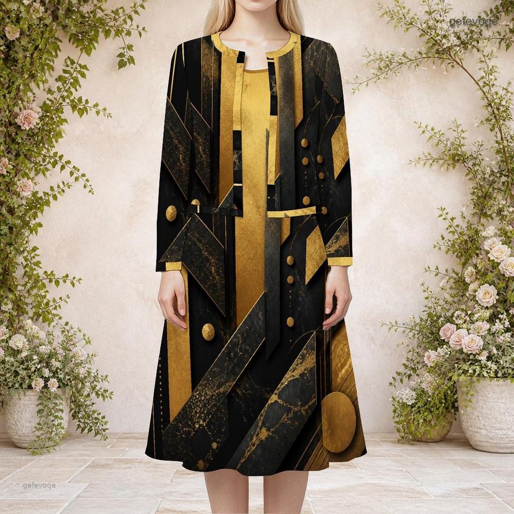 Women Plus Size Two Piece Dress Set Round Neck Long Sleeve Printed Dark Green Black With Pockets