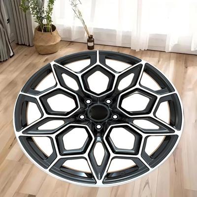 Car Wheel Rim Design Round Rug – Metallic Silver Blue 3D Industrial Carpet with Anti-Slip Backing for Modern Home Decor