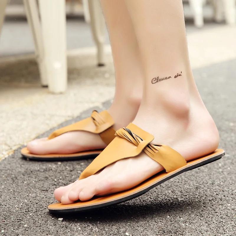 Outdoor Beach Shoes Men Flip Flops Fashion Breathable Summer Light Genuine Leather Casual Shoes Slides Black Sandal Men White