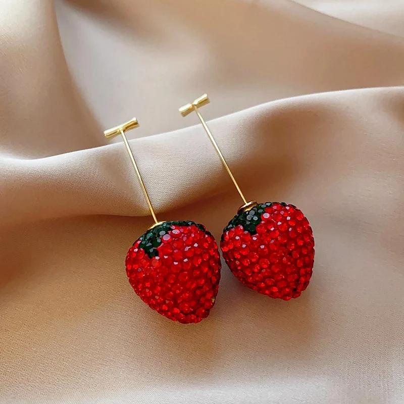 Red Strawberry Earrings for Women Retro Temperament 2025 Korean Fashion Drop Earring Light Luxury Girl Zircon Gifts