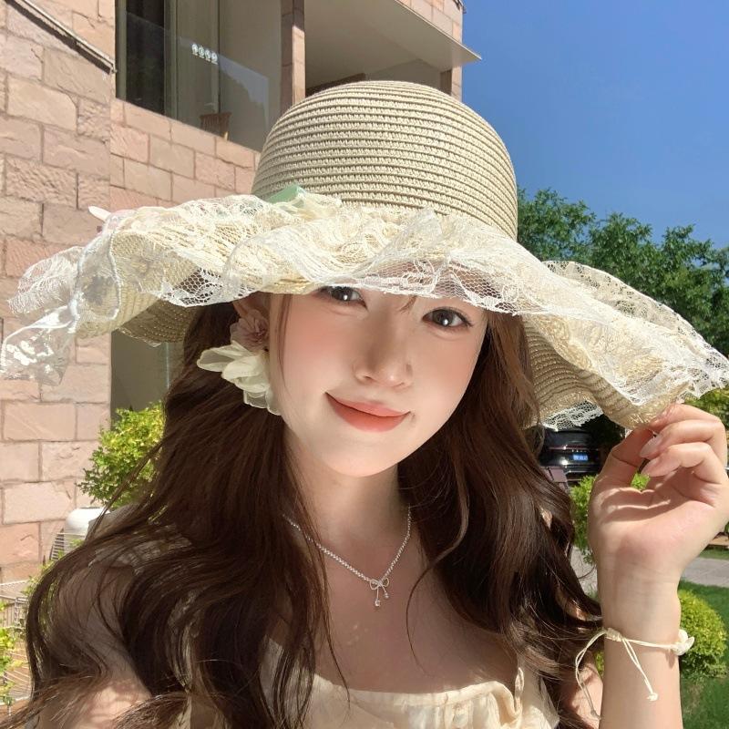 Flower Bow Lace Edge Straw Hat Women's Summer Seaside Beach Vacation Big Brim Sunshade Sunscreen Sunshade