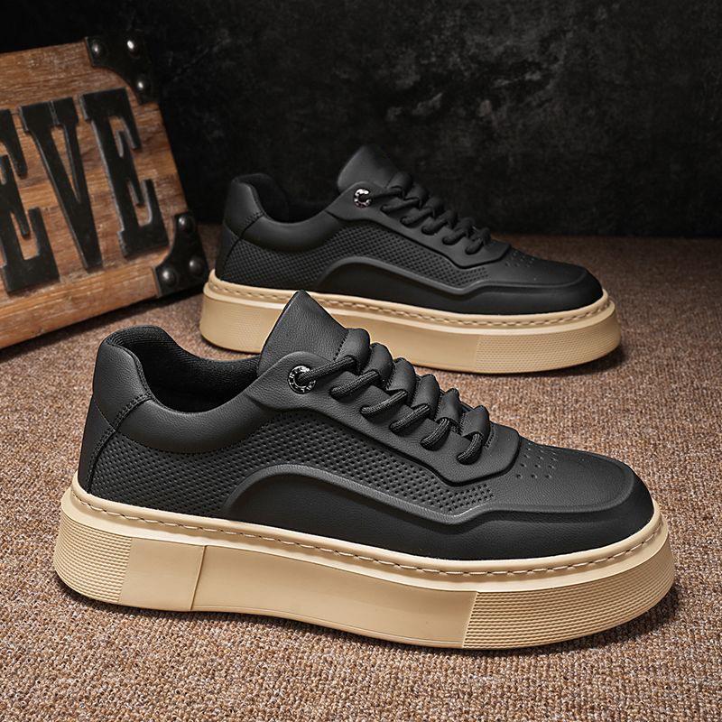 Cheap Mens White Leather Casual Shoes Thick Bottom Youth Elevated Board Shoes Fashion Trendy Man Platform Leisure Sneakers Tenis