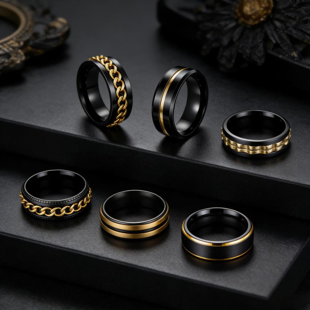 Schwarz Gold Titanstahl Mode Ring - Trendiger Edelstahl Schmuck