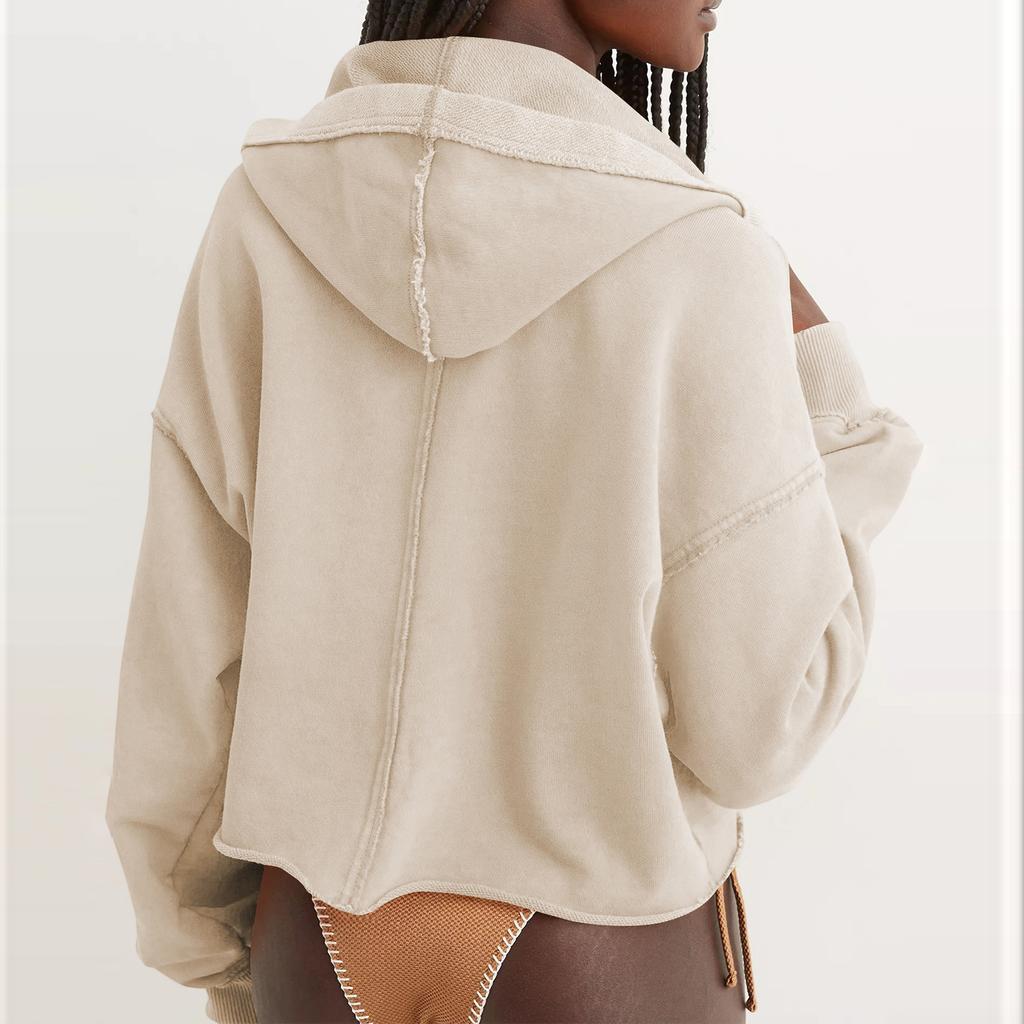 Women's Solid Color Loose Hooded Sweatshirt V-neck Top Pullover Long Sleeved Shirt