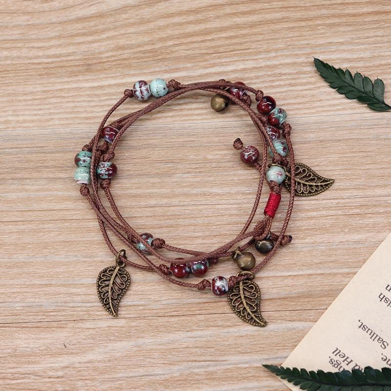 Vintage Bohemian Ceramic Bracelet Girl Sweet Bell Leaf Versatile Waist Chain Multi-circle Bracelet Jewelry