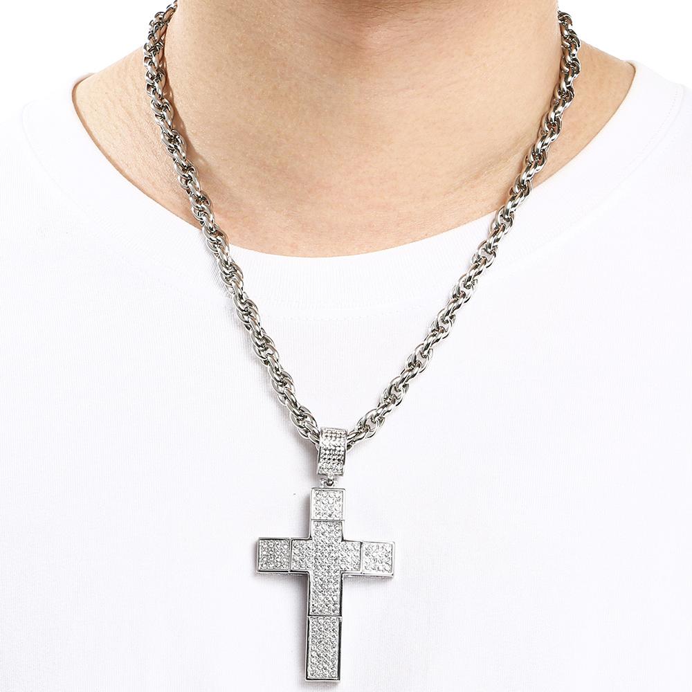 Hip Hop 316L Stainless Steel & Full CZ Cross Pendant Necklace Man Double Layer Hollow Cross Jewelry Gifts Trend Necklaces