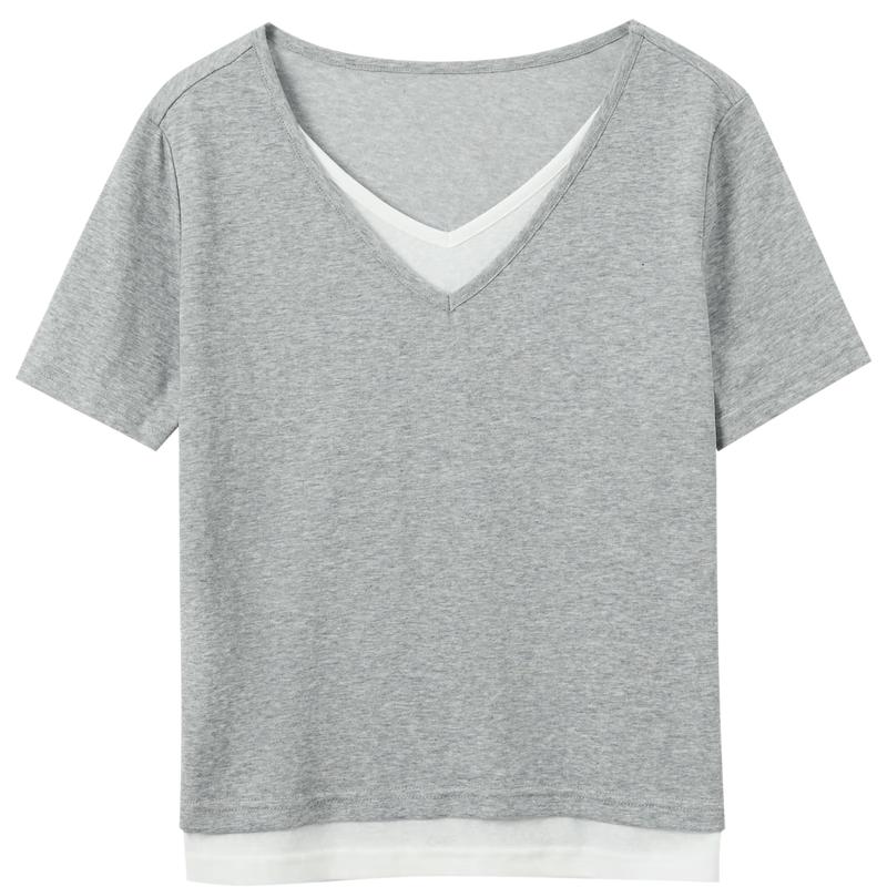 SanCai Women s V-Neck Short-Sleeve Fake Two-Piece T-Shirt Top S (155/80A)