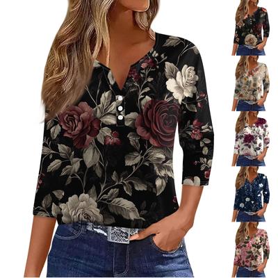 Women's T Shirt Tee Print Button 3/4 Sleeve Tunic Daily Weekend Fashion Basic V- Neck Regular Top