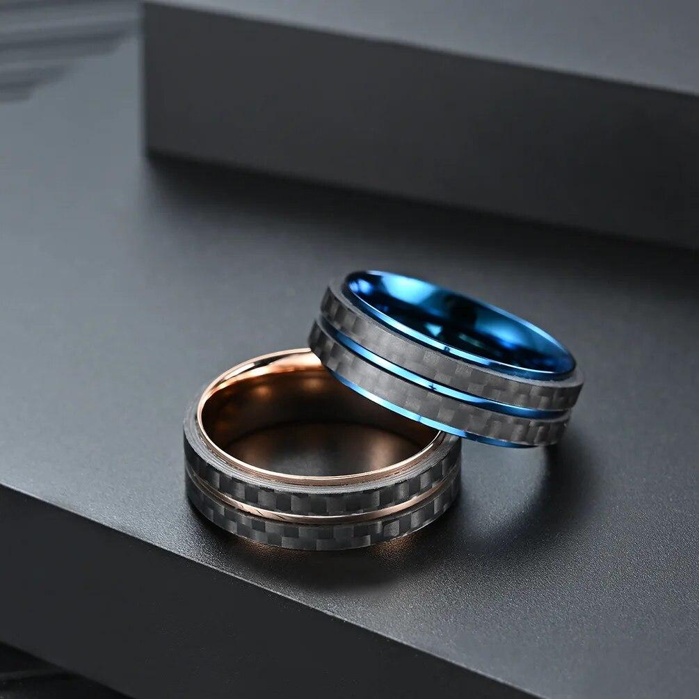 Black Carbon Fiber Ring Anniversary Jewelry Men's Wedding Band Blue/Rose Gold Stainless Steel Engagement Ring For Man Woman