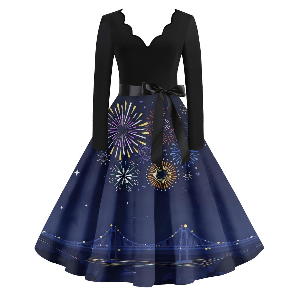 Dámské ležérní módní novoroční potištěné šaty s výstřihem do V ve vintage stylu