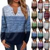 Women's Fashion Casual V-Neck Long Sleeve Loose Soild Printed T-Shirt Ladies Top With Decorative Buttons