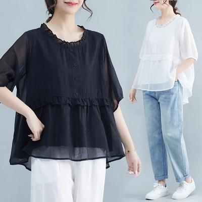 Damen Bluse in Übergröße, Vintage-Look, dünnes T-Shirt, lässige Oberteile, lockere Sommer-Kurzarm-T-Shirts mit Spitze, reine Farbe, elegante Damenoberteile