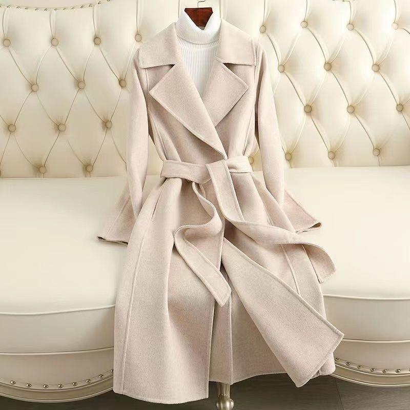 Autumn and Winter New Woolen Coat Women's Medium and Long Knee-slim Lace-up Woolen Coat High-end Woolen Coat Women