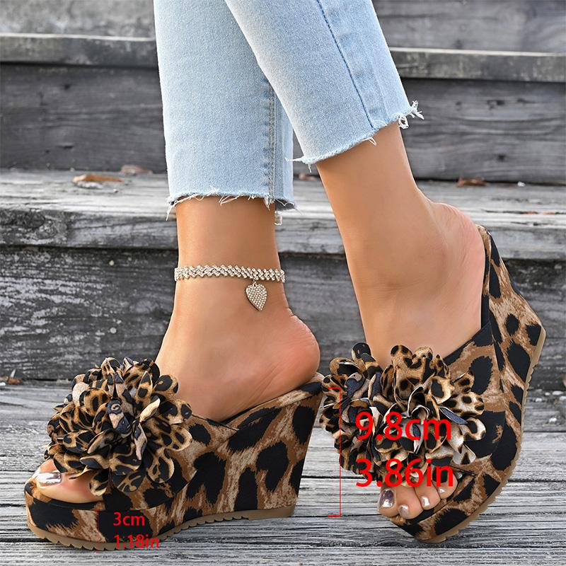 Flower Decor Wedges Sandals for Women Fashion Leopard Chunky Platform Party Slippers Woman Plus Size Thick Sole Non Slip Sandals