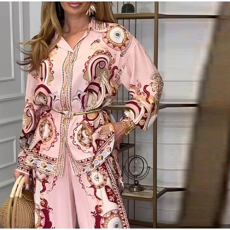 Women's Fashion Graffiti Print Lapel Shirt Trousers Two-piece Suit Summer Retro High Street Lady Elegant Suit