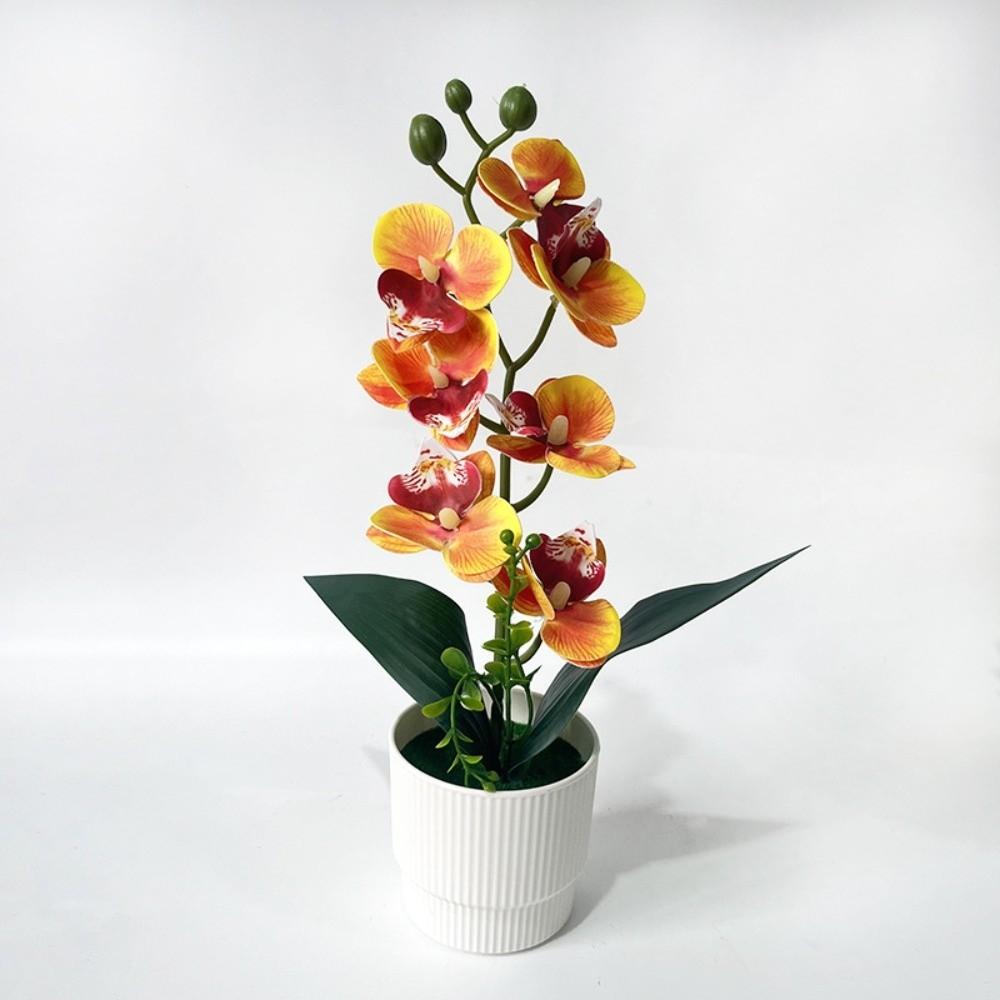 with White Pot Artificial Orchid Potted Flower 7 Heads Artificial Faux Plants Home Decor