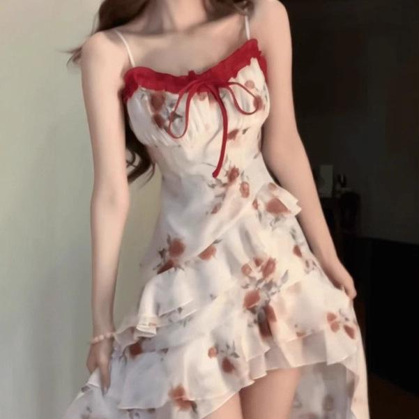 Desire Spice Girl Suspender Floral Dress Women's Summer New Irregular Floral Wrap Waist Suspender Dress