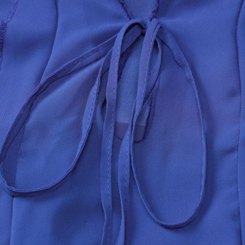 Women V Neck Outfits Elegant Mesh Tie Up Ruffle Holiday Sexy See Through Maxi Dress