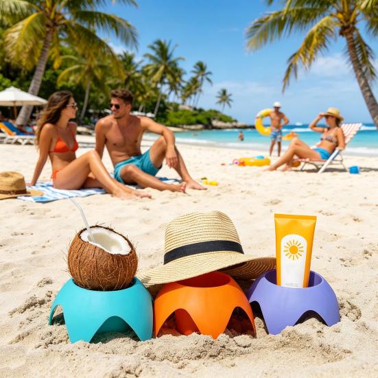 Becherhalter für den Strand in kräftigen Farben Stapelbarer tragbarer Getränkehalter für Handys Snacks Sonnencreme Sandfreier Organizer für Reisen Camping Picknick Familie