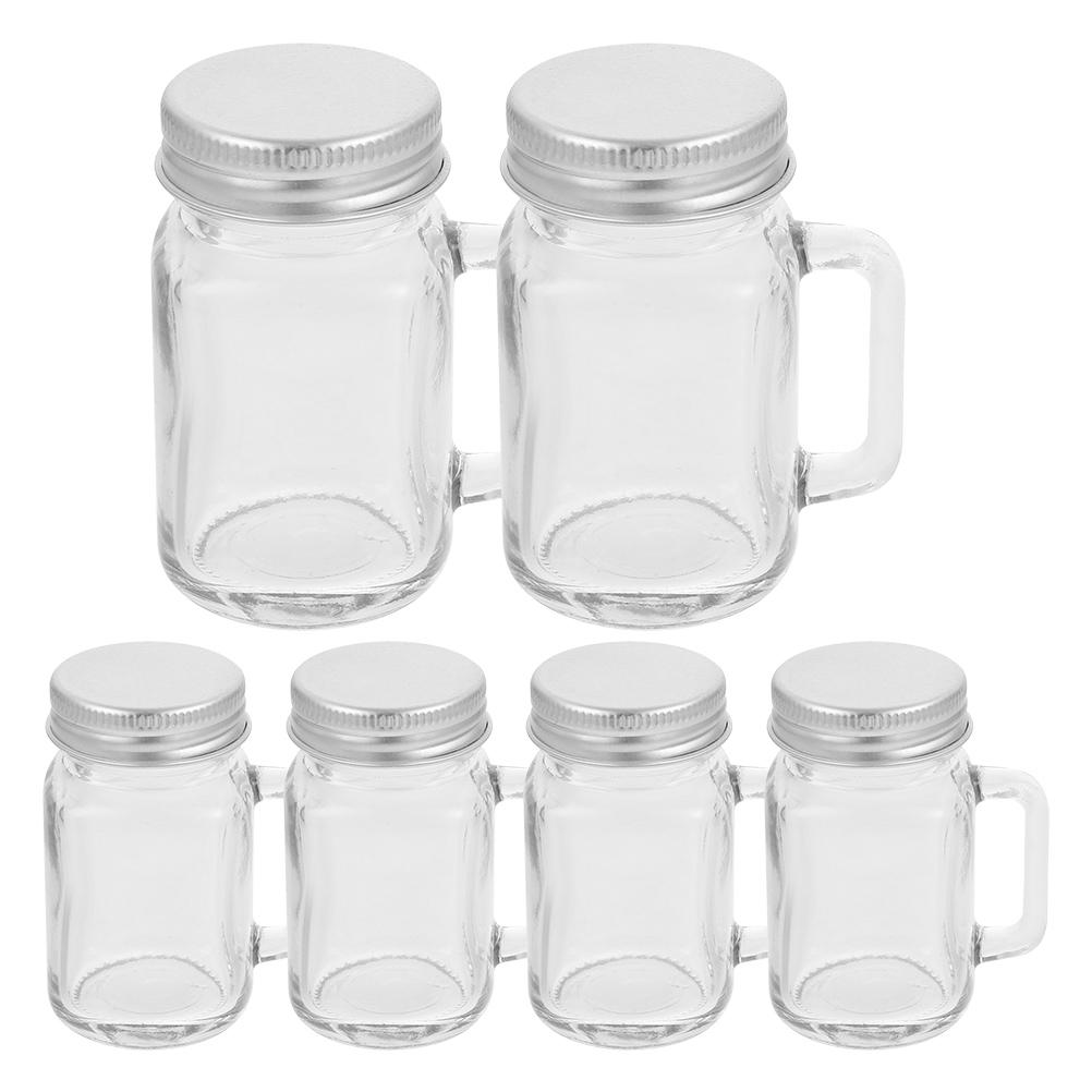 6 Stück Einmachgläser mit Henkeln und Deckeln Glas-Getränkeflaschen für Getränke, Desserts und Marmelade Luftdicht Nachfüllbare Getränkedosen 60ml