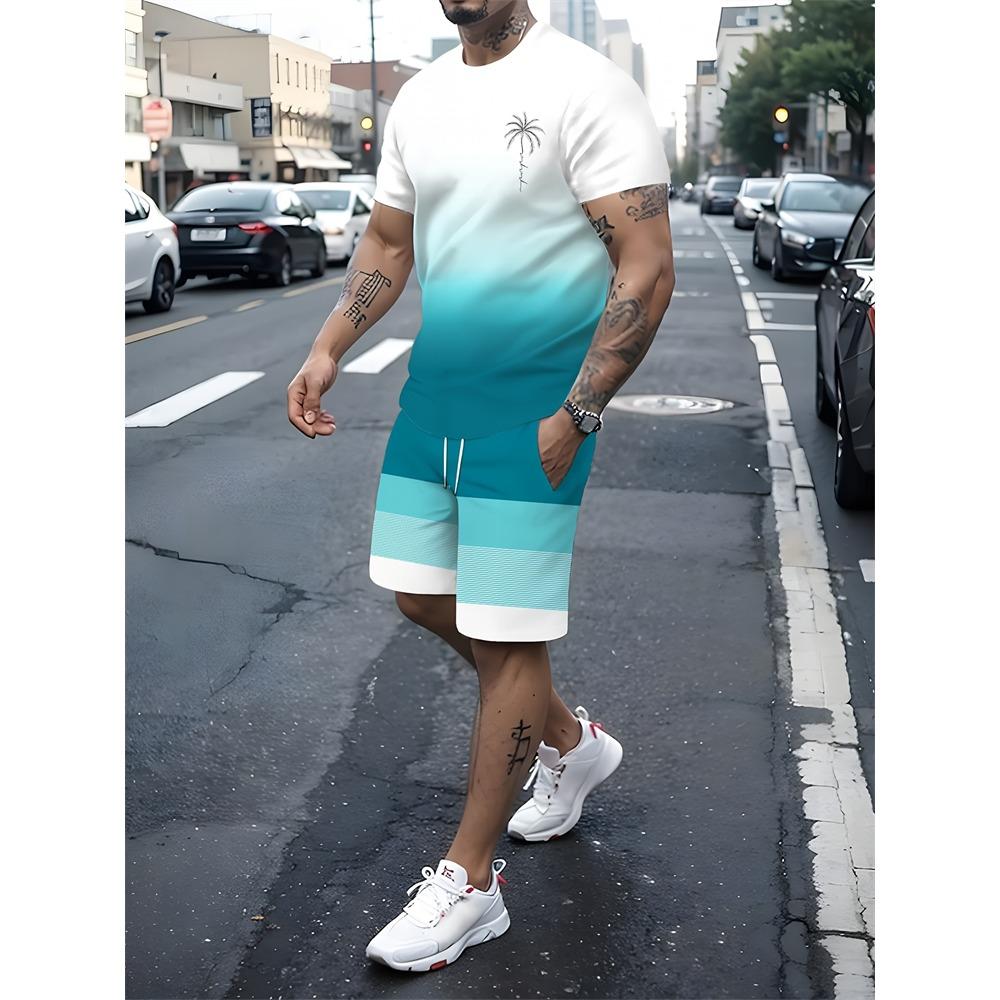 New Men's Short-Sleeve Athletic Shorts Set Crew Neck T-Shirt With Drawstring Shorts Stylish Streetwear Two-Piece Set
