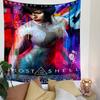Abstract streaks of vibrant colors frame a futuristic figure in motion. Patterned tapestry for bedroom and living room home decor