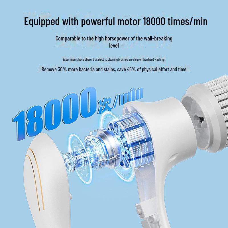 Electric Cleaning Brush with Steel Wool & 5 Brush Heads - Long Handle Handheld Kitchen & Dishwashing Tool