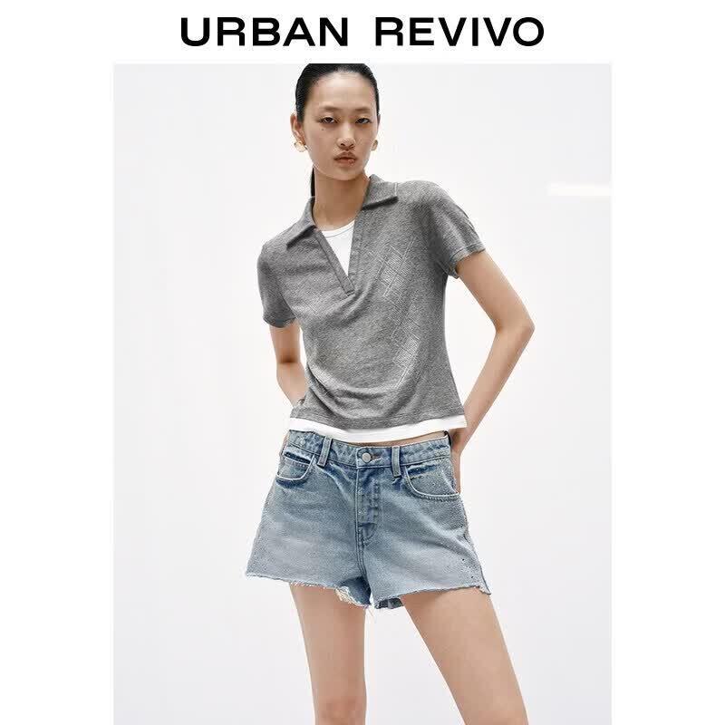 UR Women s Mock Two-Piece Rhinestone Diamond Pattern Short Sleeve T-Shirt L