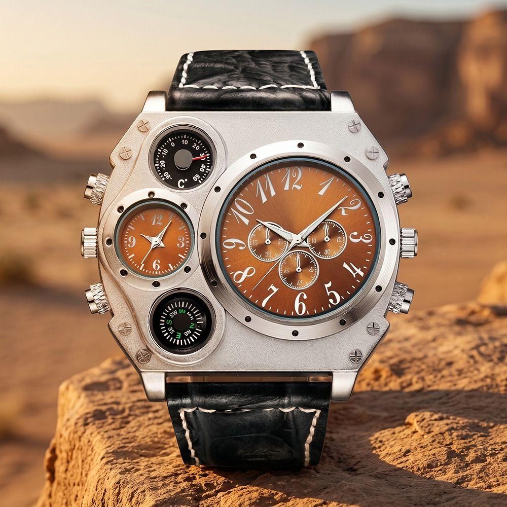Large Dial Dual Time Zone Watch PU Leather Strap Men's Watch Top Brand Sport Wristwatch Men