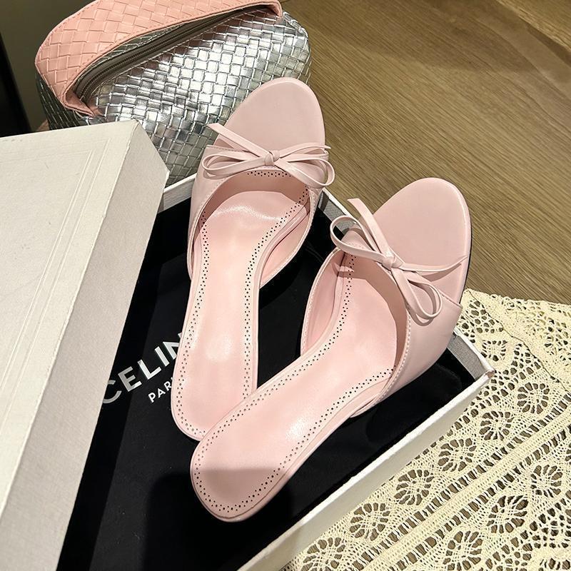 Fashion stiletto high heels, gentle French pink bow, one-word cool slippers for women's 2025 summer new models