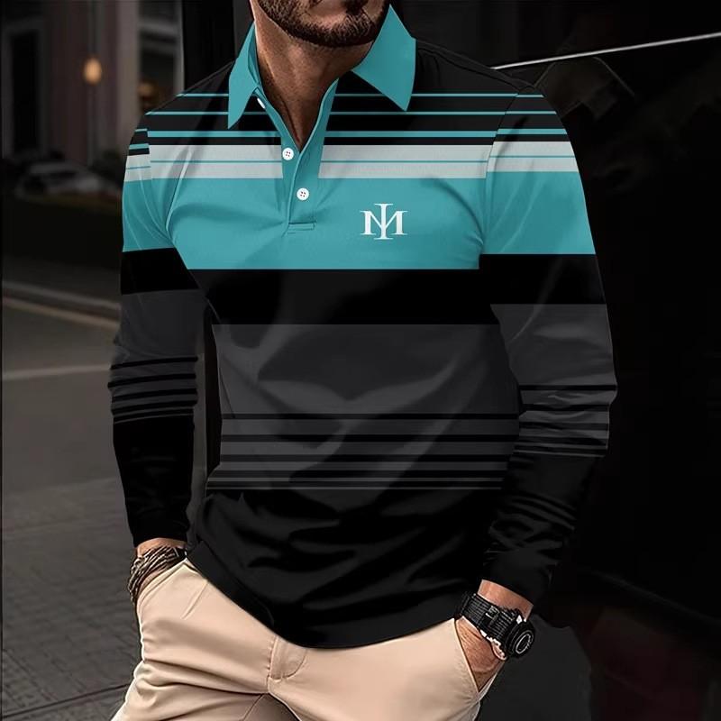 Herrpikétröja, 3D-randigt färgblockstryck, trendig sportig krage, golftröja, herrkläder, långärmad T-shirt, m