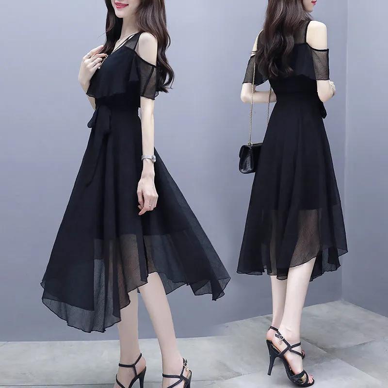 Abito estivo da donna, design slim fit, stile medio-lungo, snellente, temperamento, gonna in chiffon senza spalle