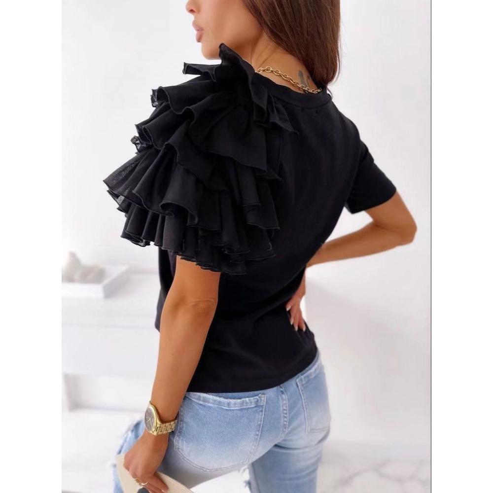 GMXIA Summer Simple and Fashionable Ruffled Short-sleeved, Versatile O-neck T-shirt