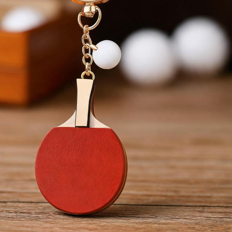 Table Tennis Paddle Keychain Retro Sports Charm with Leather-Look Finish, Gold-Tone Hardware for Daily Carry Use