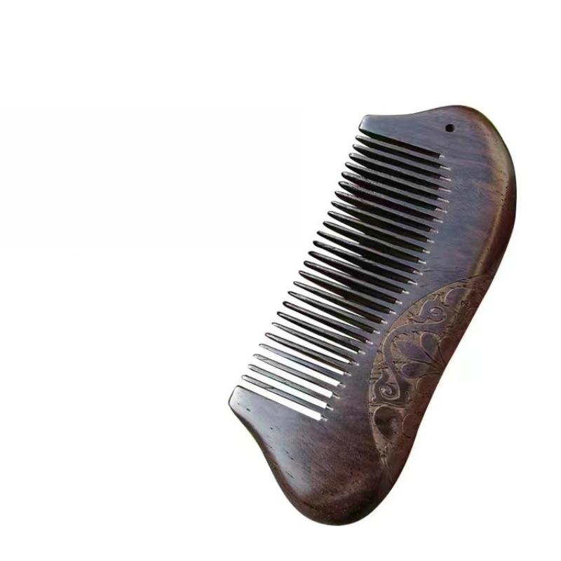 Ebony Comb, Long-handled, Densely Toothed, Double-sided Carved Whole Wood Comb