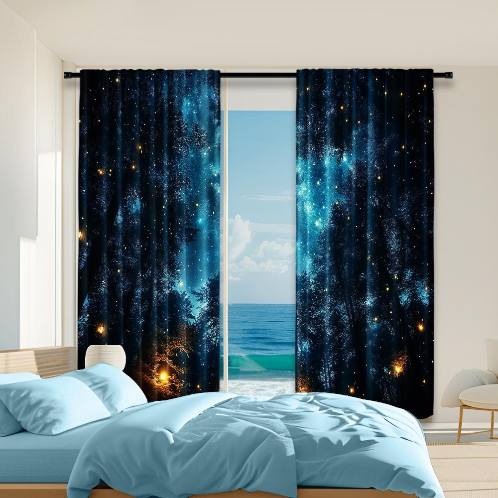 

2 pcs versatile polyester transparent curtains for home decoration Starry Night Forest for use in bedrooms and living rooms 100*130 Rod Pocket 1pcs