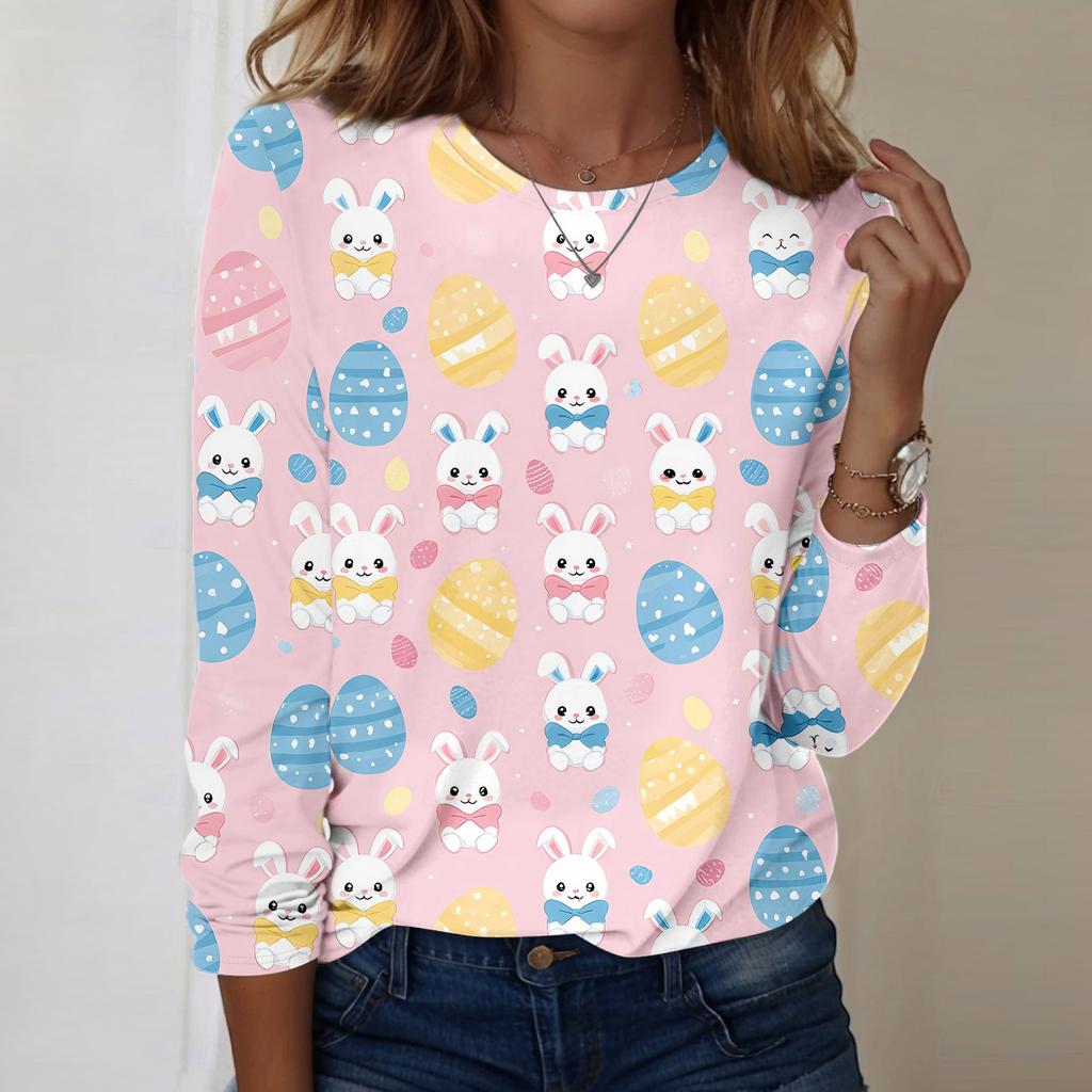 Women's Daily Casual Long Sleeved Easter Printed Round Neck Top