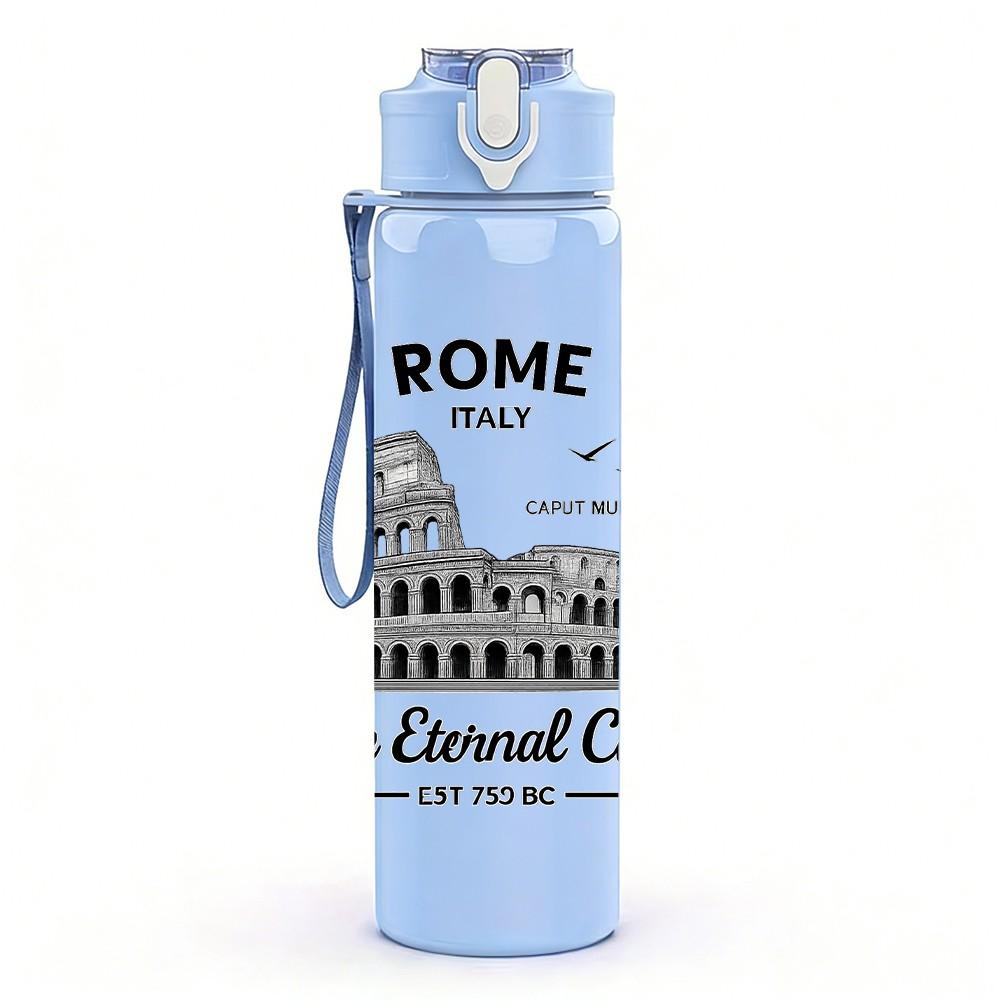 1PC Rome Colosseum Vintage Text 750ml Color Plastic Sports Water Bottle Leakproof Flip Straw Lid Suitable for Sports Office Home Use