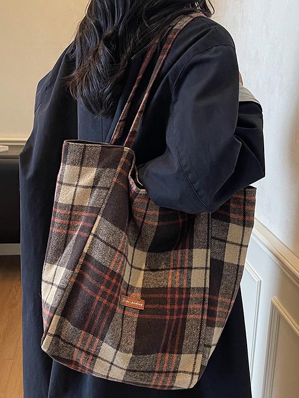 Korean Style Large Capacity Plaid Canvas Shoulder Bag for Women - Autumn/Winter 2025 Casual College Commute Tote