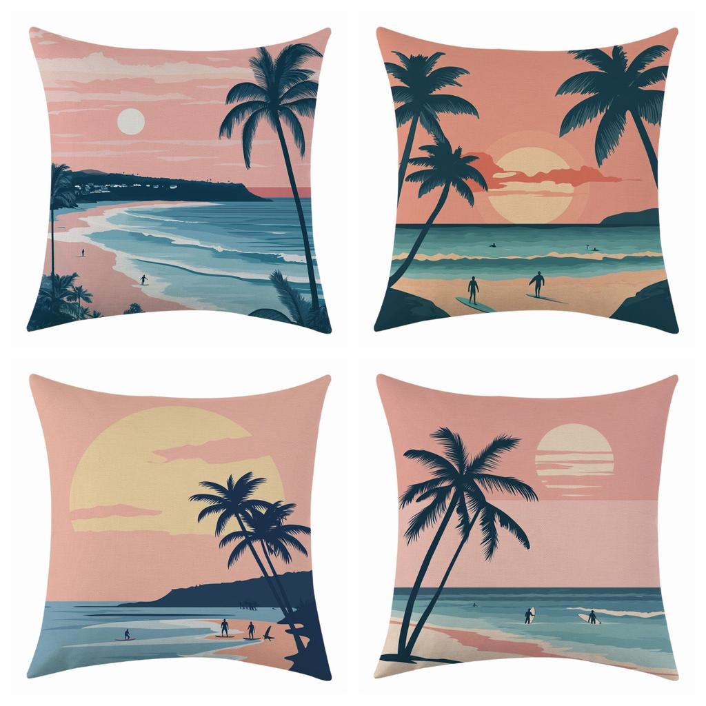 New Summer Refreshing Beach Sunrise Linen Pillowcase, Four-piece Set with Label