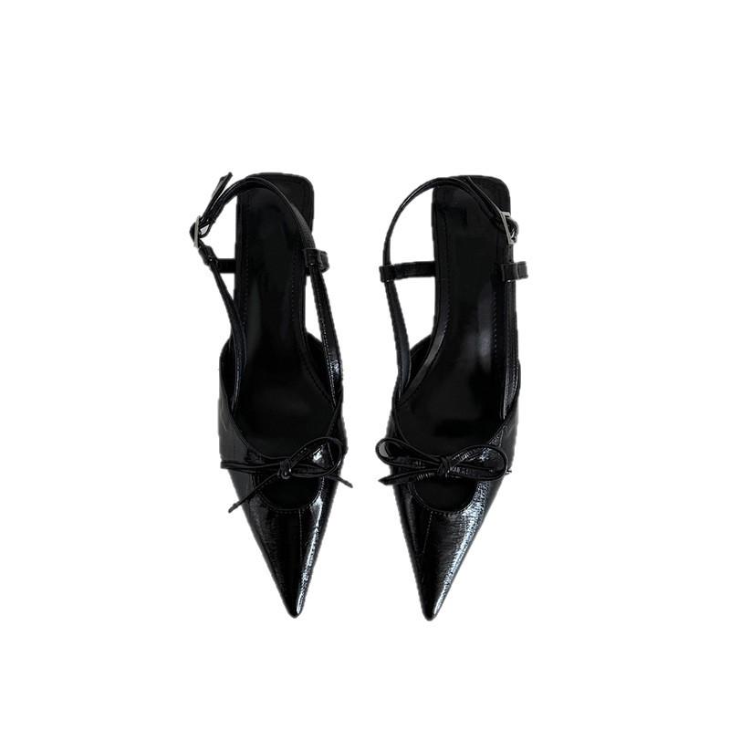 Sheepskin version~ French bow black kitten heel single shoes 2025 pointed head temperament bag head sandals high heels