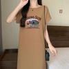 Bedrucktes koreanisch-gestyltes Kurzarm-T-Shirt-Kleid für Damen, locker und lässig, Übergröße, kleines Flatterärmel-Schlitzkleid, langes Kleid für den Sommer