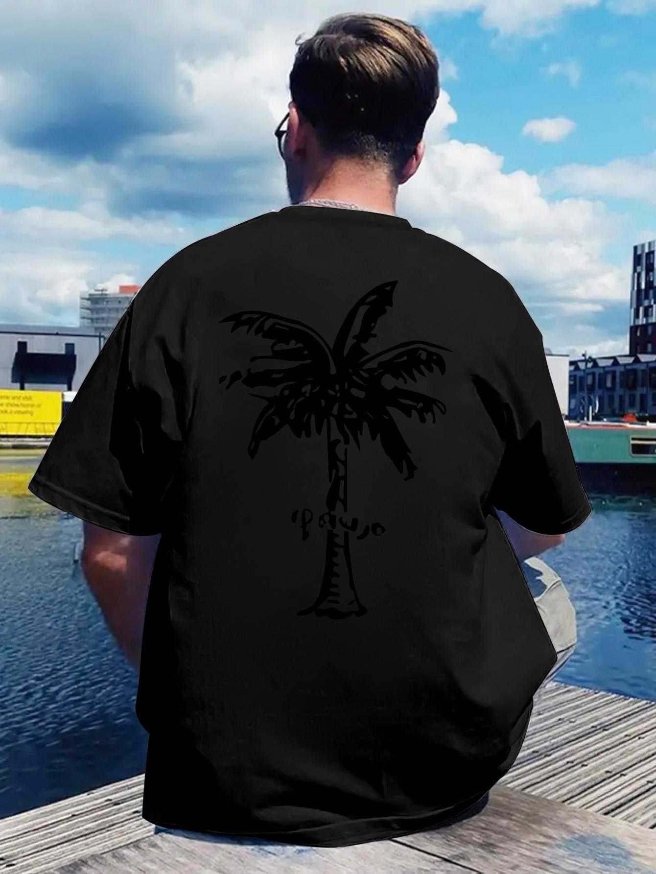 T-shirt with Summer Beach Elements Print - Casual Polyester Crew Neck L