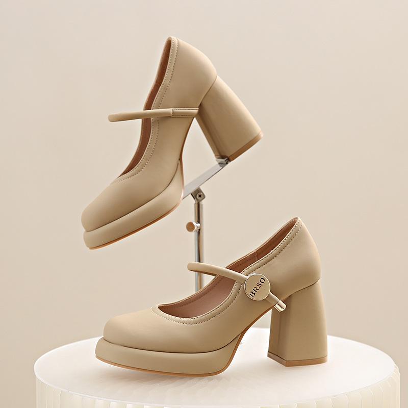 

French Mary Jane shoes women s 2025 spring new gold coins one-word buckle with small leather shoes thick heel high heels versatile single shoes 34