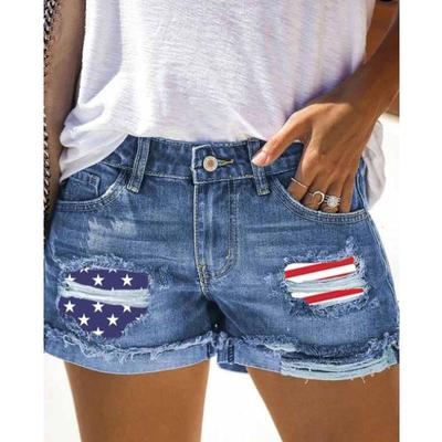 New Women's Stars Print Ripped Denim Shorts, Summer Street Style Distressed Jeans Shorts with Embroidered Detail for Casual Fashion Look